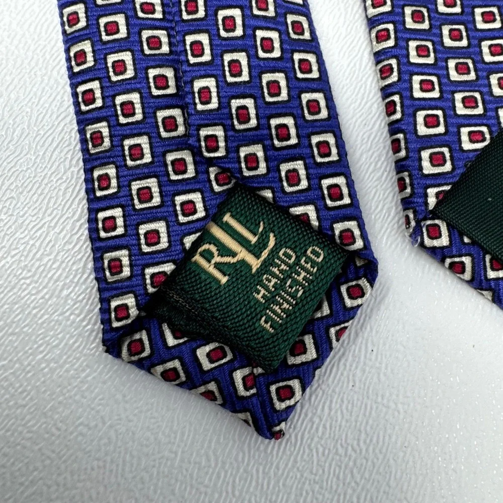 Ralph Lauren Mens Silk Tie Blue Red Geometric Square‎ Pattern Hand Finished